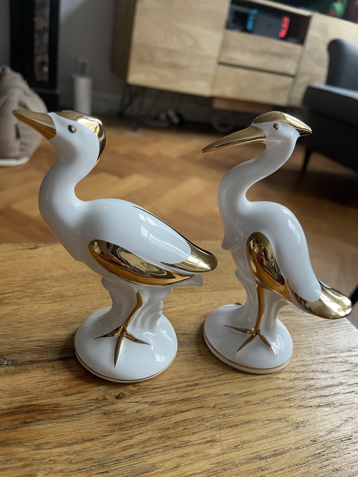 2 porseleinen vogels met 24 karaat goud