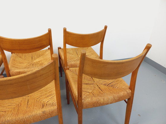 Image 1 of Suite de 6 chaises vintage italiennes en teck et corde danoise Gessef Consorzio Sedie Friuli