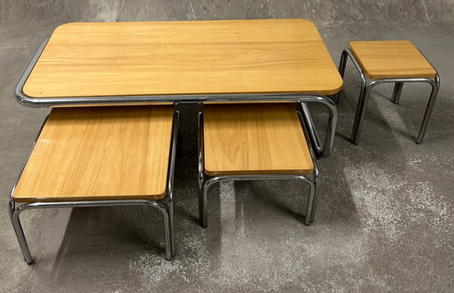Set of 4 70s metal and solid oak nesting tables