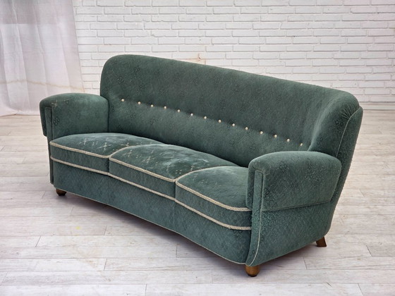 Image 1 of 1960s, Danish 3-seater curved sofa, light green furniture fabric, original condition.