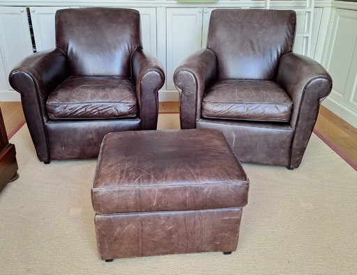 Restoration Hardware 2 fauteuils en cuir et hocker