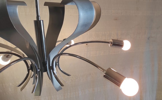 Image 1 of Lustre 6 feux Space-Age en métal chromé et brossé - années 70