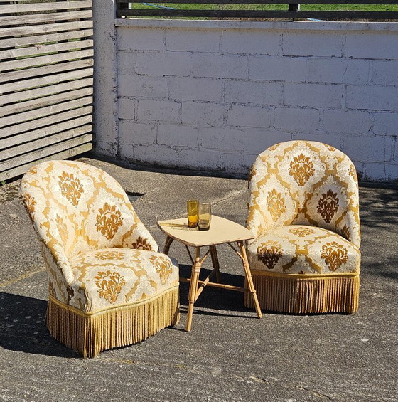 Image 1 of Set of 2 French Vintage Crapaud Seater-golden beige Cocktail Chairs-Lounge Seats-Boudoir Seater-50s