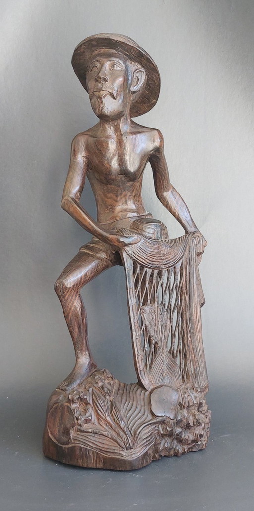 Antiek Handgesneden Rozenhout 41 cm Vissersbeeldje