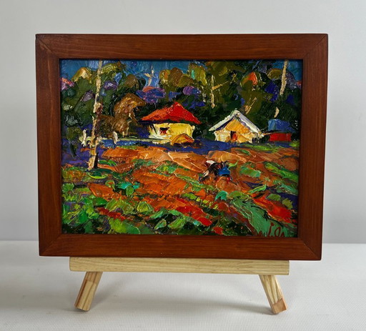 Original Oil Painting Summer Village Landscape Sunny day in the garden