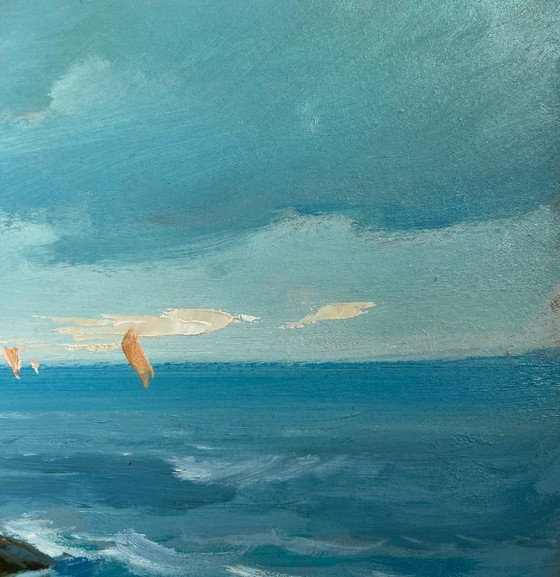 Image 1 of Pintura al óleo original: Paisaje costero marino con un velero en el horizonte.