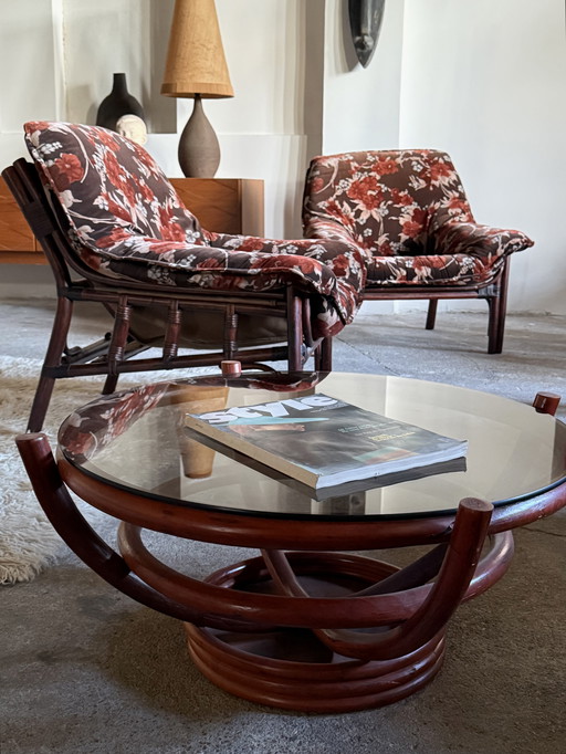 BAMBOO SET 2x ARMCHAIRS & COFFEE TABLE FLORAL PATTERN VELVET 1980s