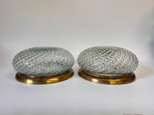2x grote vintage plafondlamp helder bubbel glas met goudkleurige rand 