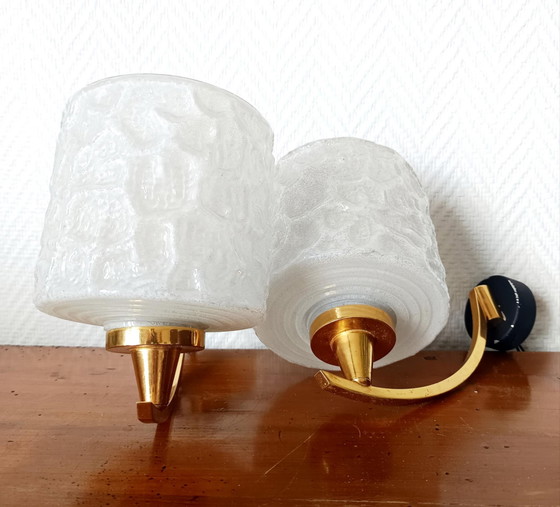 Image 1 of 2x Wandleuchten 1950 Arlus-Stil aus Granitglas