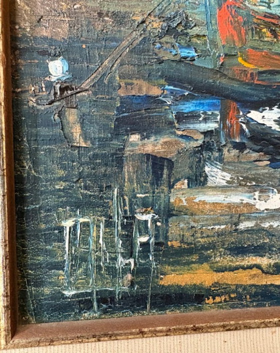 Characteristic Mid-Century modern harbor view. Oil on canvas (impasto) – Paintings & Drawings, Wood (photo 2 of 11)