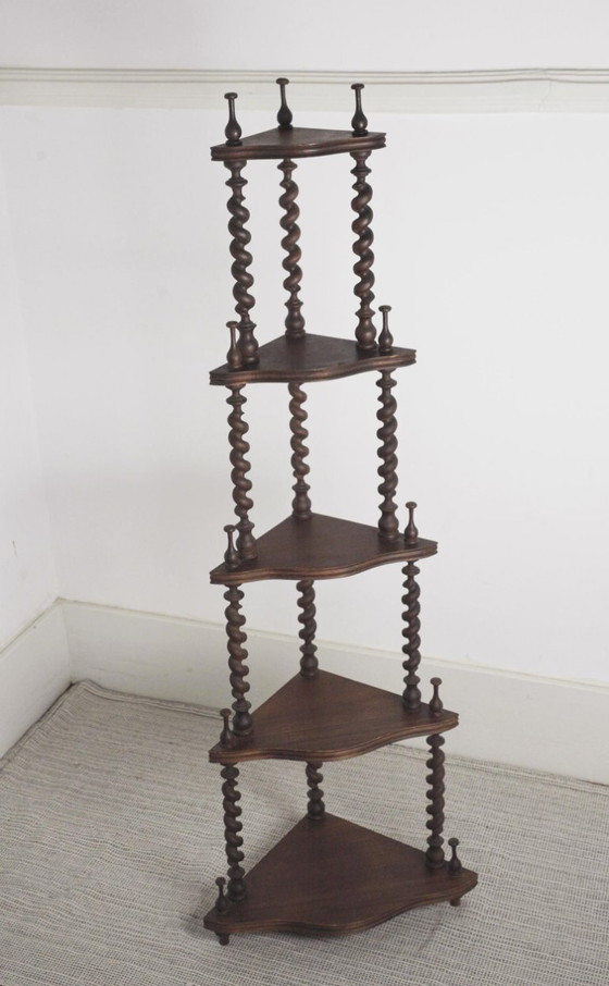 Traditioneel Gerstekorrel Hoekrek in Donker Ebbenhout, Vintage Massief Houten Vitrinekast, Wandrek, Bruin (foto 5 van 19)