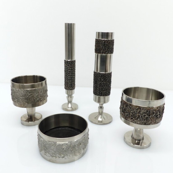 Image 1 of Set of 5 Brutalist steel vases and bowls 1970