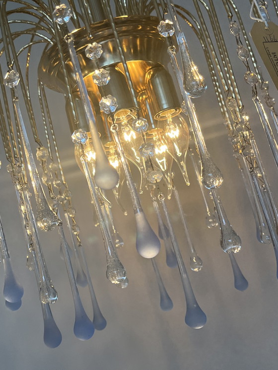 Image 1 of Vintage Blauwe Teardrop Kroonluchter Hanglamp Goud Frame