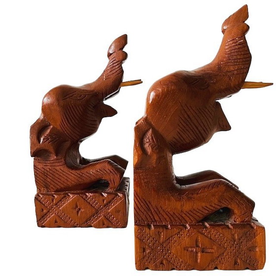 Image 1 of Set vintage di fermalibri in legno intagliati a mano a forma di elefante, anni '70