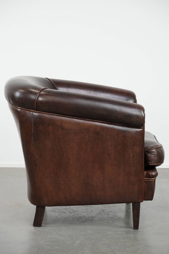Image 1 of Donkerbruine Vintage Clubfauteuil In Engelse Stijl Gemaakt Van Schapenleer