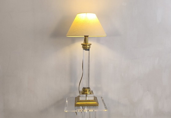 Image 1 of 😍✨ Elegant vintage 70s/80s column lamp by "Le Dauphin" in acrylic glass and brass with a new lampshade ✨😍