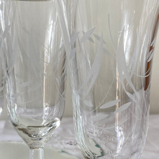 6 Antique Engraved Glass Champagne Flutes