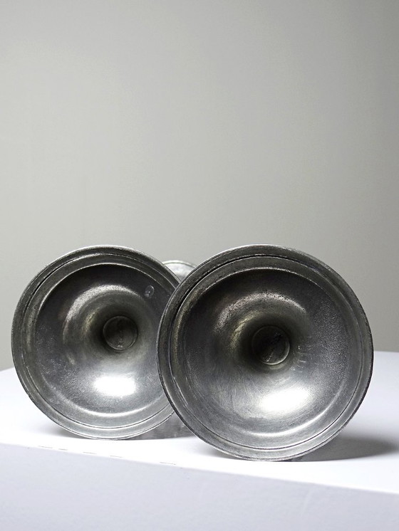 Image 1 of Pair of vintage mid-century silver-plated pewter Sun & Moon handcrafted candlesticks