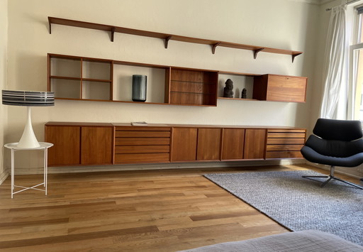 Poul Cadovius System Cado van Royal Systems: modulaire wandunit van teakhout, Deens Scandinavisch design met op maat
