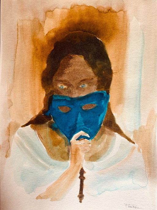 Tableau signé portrait féminin au carnaval de Venise « le masque bleu »