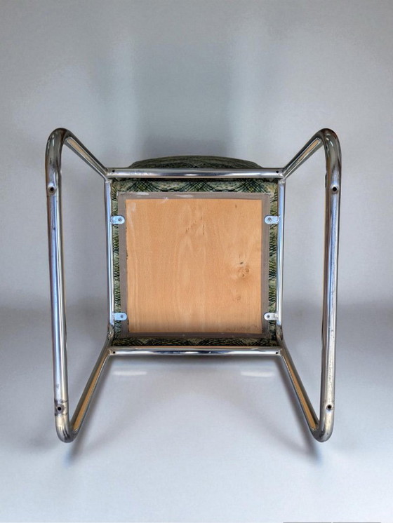 Image 1 of 2x Vintage Chrome Chairs 70s | Retro Design | Fabric Upholstery Green | Mid - Century Chairs | Space Age Chair Set