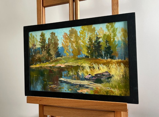 Image 1 of Original Oil Painting Autumn Forest Landscape Forest reflection in a pond
