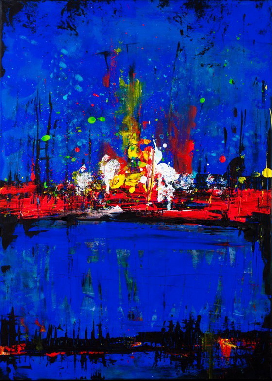 Image 1 of Abstract blue and red colors acrylic painting on stretched canvas