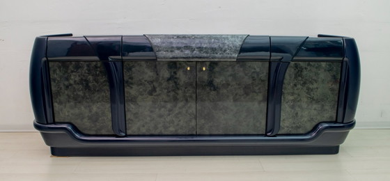 Image 1 of Credenza postmoderna in lacca blu e marmo nero di DBM, Italia, anni '80