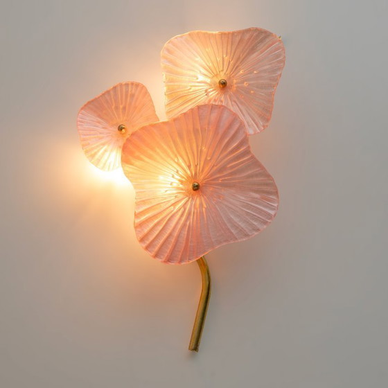 Image 1 of Pair of Modern Murano Artistic Glass Pearly Pink and Brass Sconces