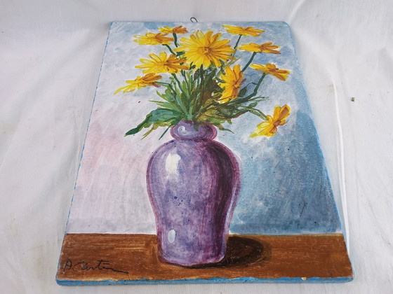 Image 1 of Signed Italian Faience Wall Tile by Aconte, Hand Painted Floral Still Life, Made in Italy Vintage Ceramic Art