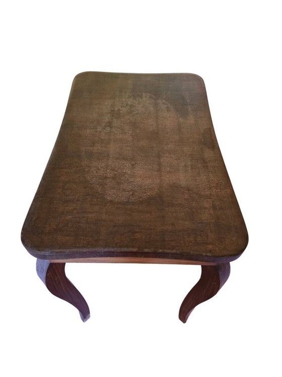 Tavolino vintage in legno scuro con piano in vetro e gambe curve. – Tavolini, Glass, Wood (photo 3 of 5)