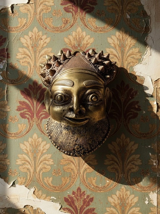 Image 1 of Pequeña máscara Oba de bronce dorado procedente de Bamoun, Camerún, África antigua