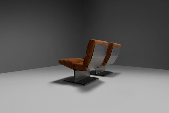 Image 1 of Très rare paire de chaises longues en cuir et acier par Paul Geoffroy pour Uginox, France, années 1970