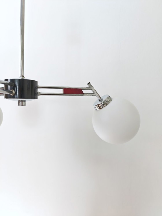 Image 1 of Vintage Chandelier With Opal Glass Globes / Mid Century Modern 3-Arm Pendant Light / Chrome Retro Ceiling Lamp 1960s
