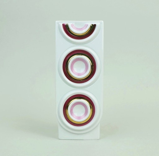 1960s plankenhammer floss porcelain vase with violet pink and gold op art relief decor