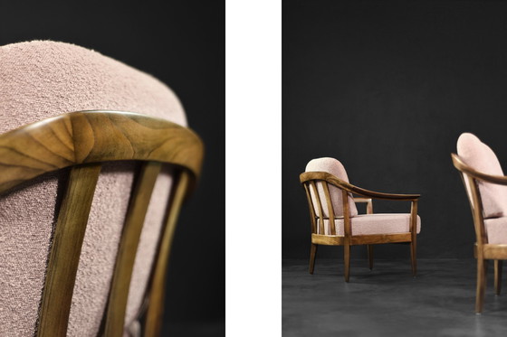 Image 1 of Mid-Century German Modern Elegante Kirschholz- und schmutzigrosa Stoffsessel von Wilhelm Knoll, 1970er Jahre, 2er-Set