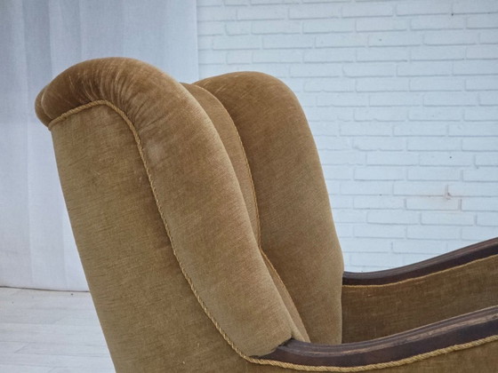 Image 1 of 1960s, Danish relax chair, original green furniture velour, carved oak wood.