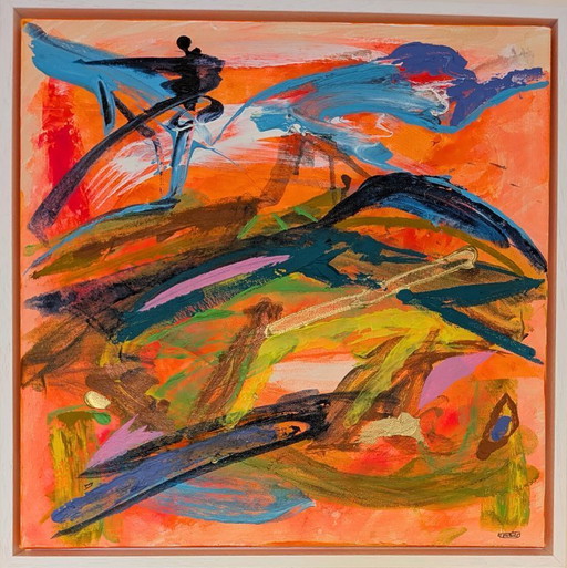 Nigel Waters, Scorhill – Halbabstrakte Landschaft aus Dartmoor in fauvistischen Farben, Acryl auf Leinwand, gerahmt, 43 x 43 cm