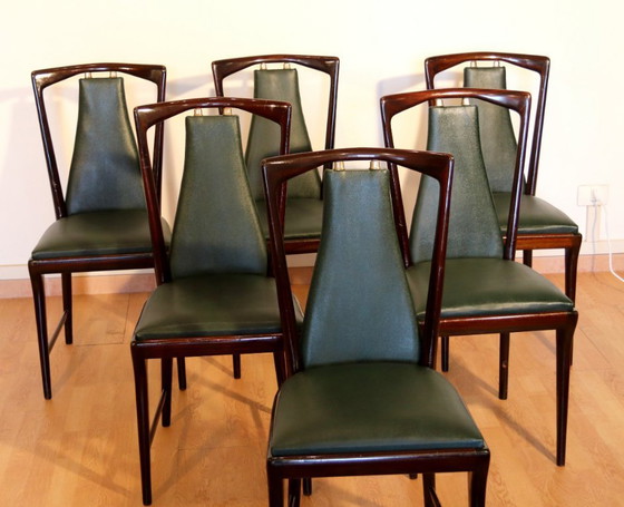 Image 1 of Set of 6 mid-century chairs by Osvaldo Borsani, Atelier Borsani Varedo, mahogany, rosewood, leather, and brass, Italy, 1950s