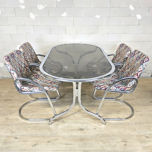 Vintage Gastone Rinaldi for Rima chrome & smoked glass dining table + chairs with colorful upholstery (Itilian design)