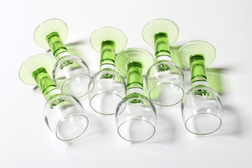 Set of 6 Vintage Limoncino Liqueur Glasses / Green Stem Shot Glasses Bormioli / Italy / 1970s