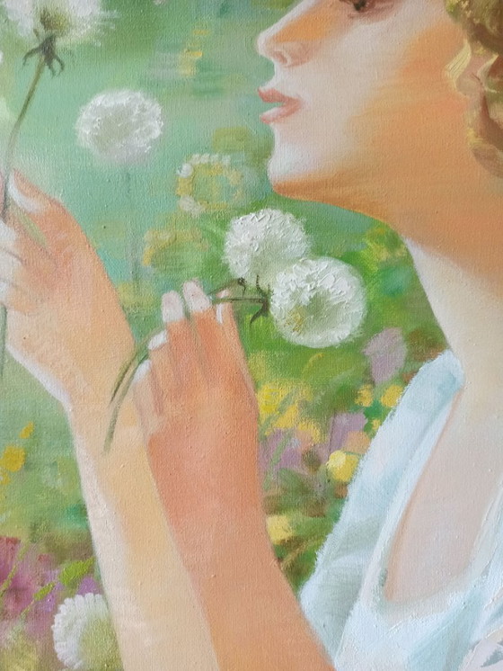 Original Oil Painting Abstract Figurative Girl Meadow Dandelions – Paintings & Drawings, Canvas (photo 7 of 12)