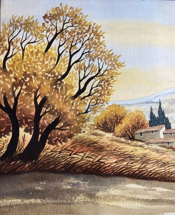 Image 1 of Watercolor Village of Provence Art France Painting Framed Signed Cardi ?? Artwork