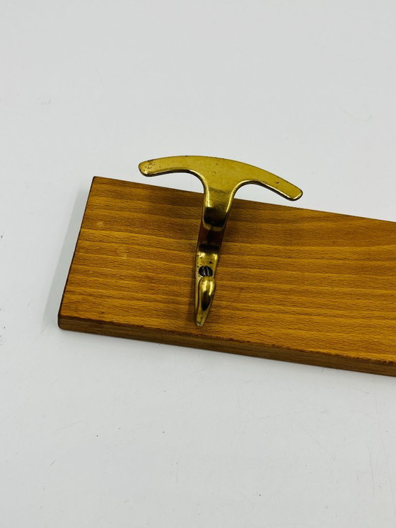 Image 1 of Vintage design wall-mounted coat rack in brass and wood