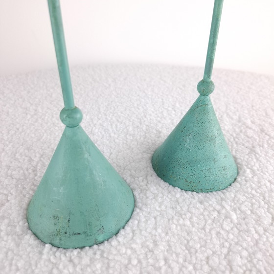 Lot de 2 bougeoirs diabolo vintage Memphis Milano années 1980 turquoise – Bougeoirs et chandeliers, Metal (photo 5 of 5)