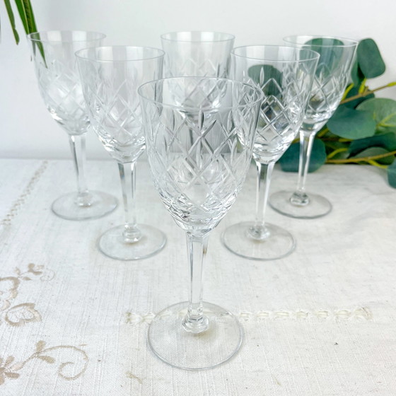 6 Vintage geslepen kristallen waterglazen – Cristallerie de Lorraine Lemberg met origineel label (1950s–1970s) (photo 2 of 8)