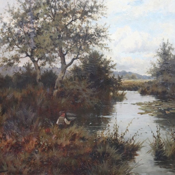 Image 1 of Dipinto ad olio su tela, Paesaggio fluviale, firmato J Paulman, fine XIX secolo.