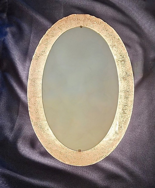Grande Specchio da parete ovale illuminato Erco in acrilico effetto ghiaccio fuso, anni '70 – spiegels, Plexiglass