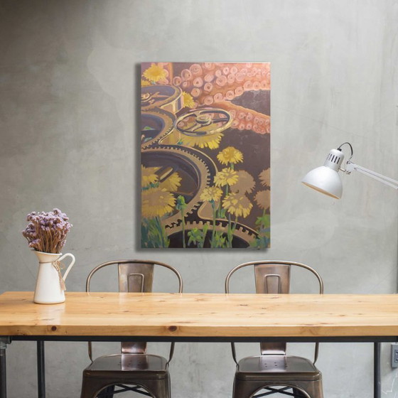 Image 1 of Zahnräder und Oktopus, Öl auf Leinwand, 100 x 70 cm, Sandra Kolondam