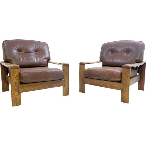 Coppia di poltrone vintage in pelle e legno di quercia, 1960